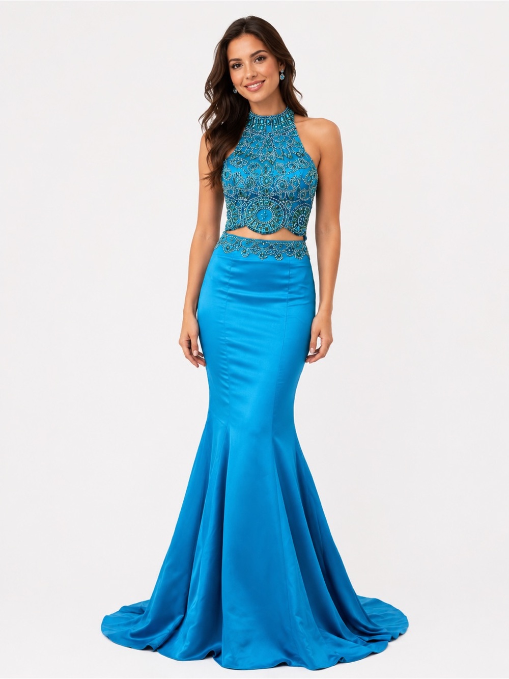 Elegant Turquoise Beaded 2-Piece Halter Gown